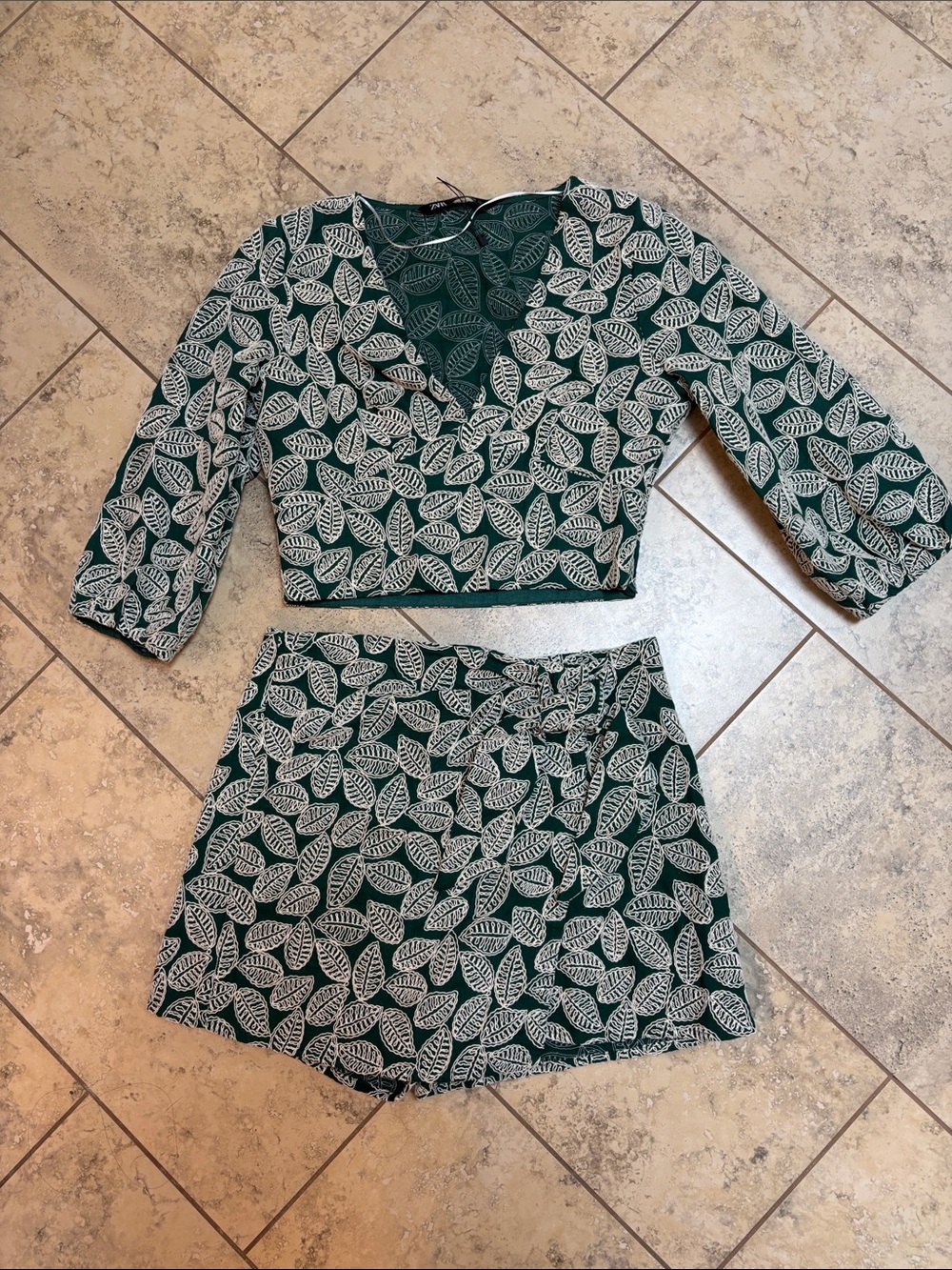 ZARA Leaf-Print Green Two-Piece Crop Top & Short Set